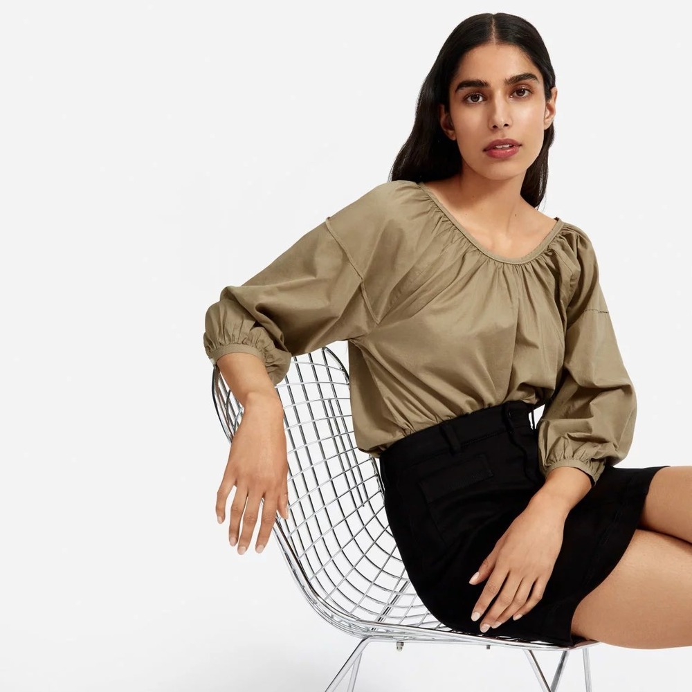 Everlane Air Olive Green Cotton Tie Back Blouse Top Size 10 balloon ruched